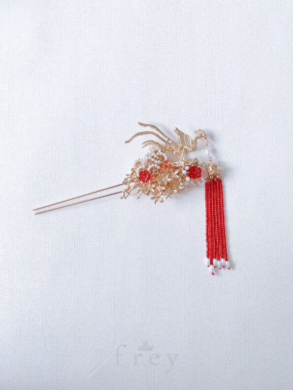CHN-2022-00024 – Phoenix Queen Jasmine Garden Hairpin – Gold – Red (Left) C1