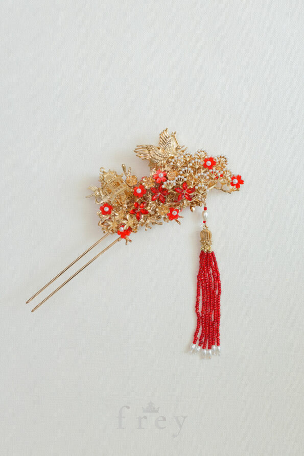 CHN-2023-00002-Crane-Pearl-Tree-Flowers-Hairpin-Gold-Red-Left