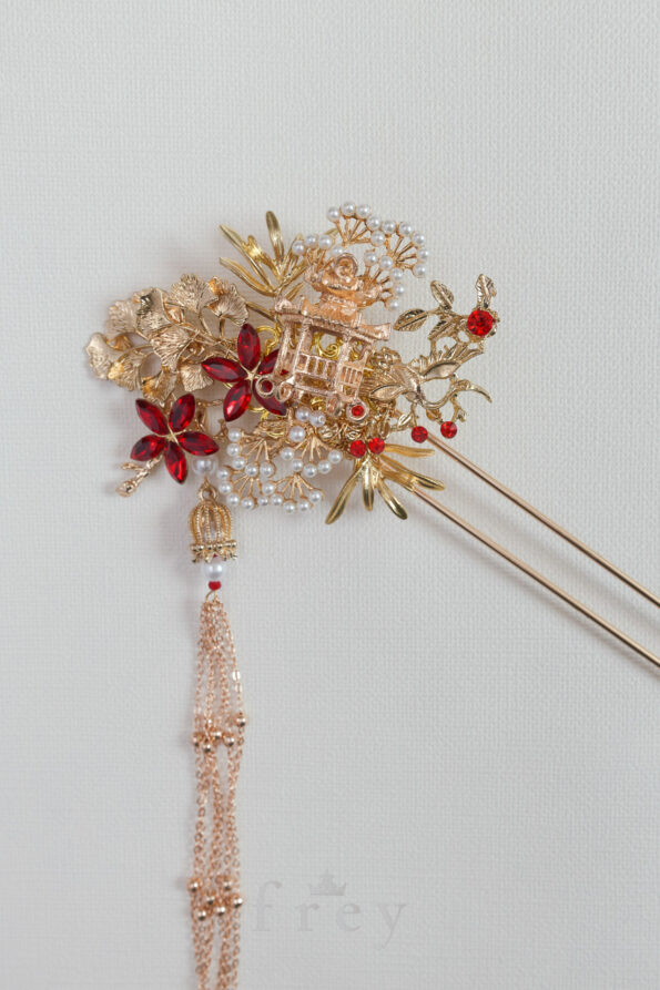 CHN-2023-00063-Pagoda-Ginkgo-Blossom-Tree-Hairpin-Gold-Red-1