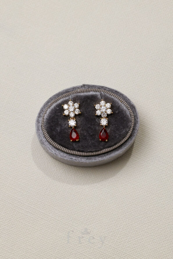 JWL-2023-00061-Paved-Flower-Round-Pear-Earrings-18k-Yellow-Gold-Red-Ear-Needle